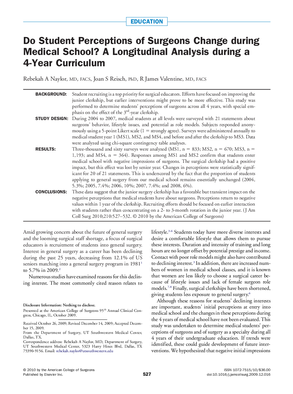 Do Student Perceptions of Surgeons Change during Medical School? A Longitudinal Analysis during a 4-Year Curriculum 