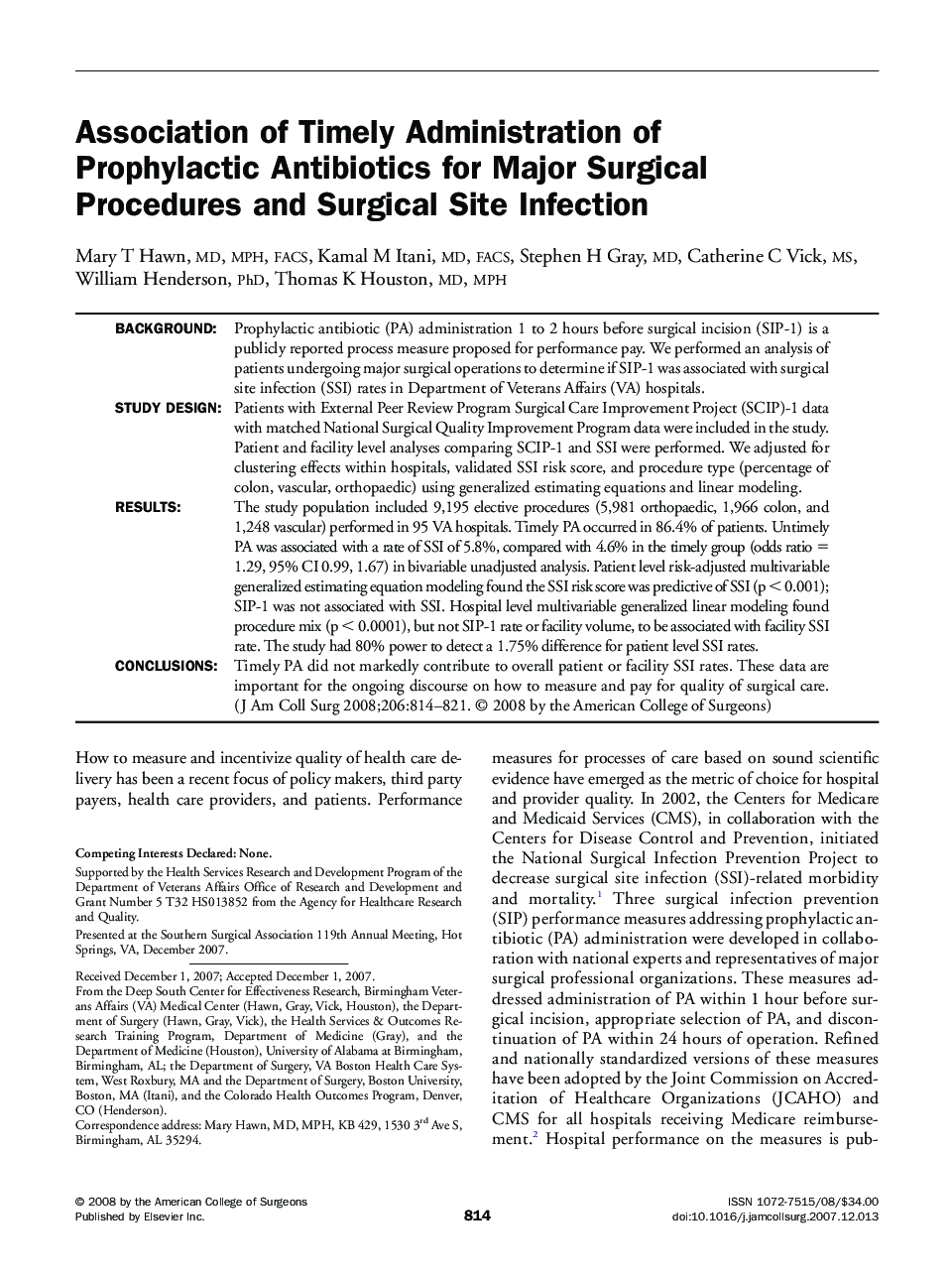 Association of Timely Administration of Prophylactic Antibiotics for Major Surgical Procedures and Surgical Site Infection 