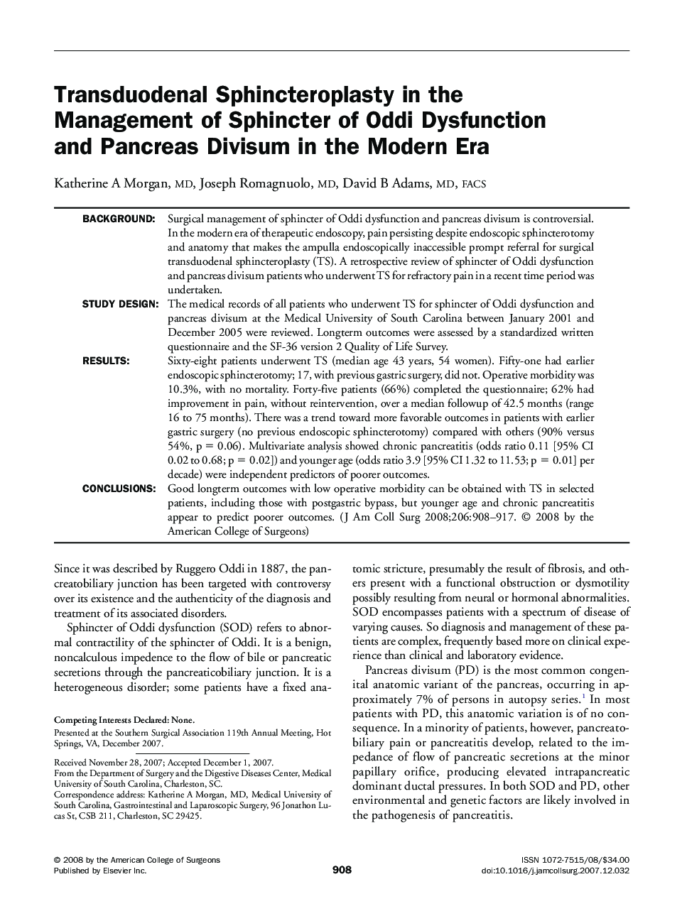 Transduodenal Sphincteroplasty in the Management of Sphincter of Oddi Dysfunction and Pancreas Divisum in the Modern Era 