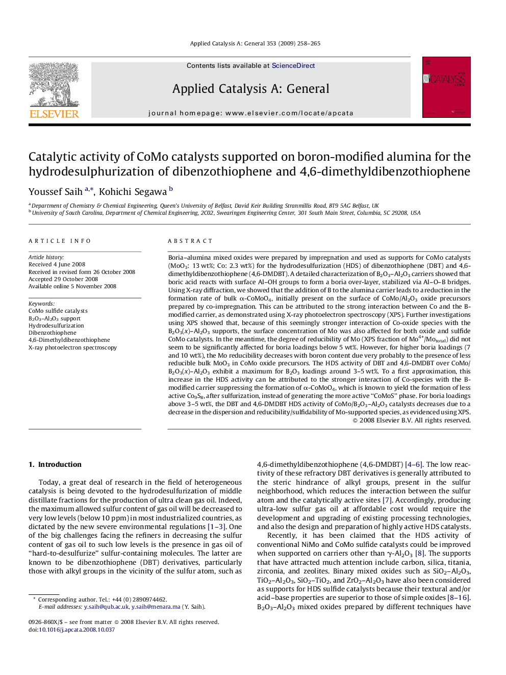 Catalytic activity of CoMo catalysts supported on boron-modified alumina for the hydrodesulphurization of dibenzothiophene and 4,6-dimethyldibenzothiophene