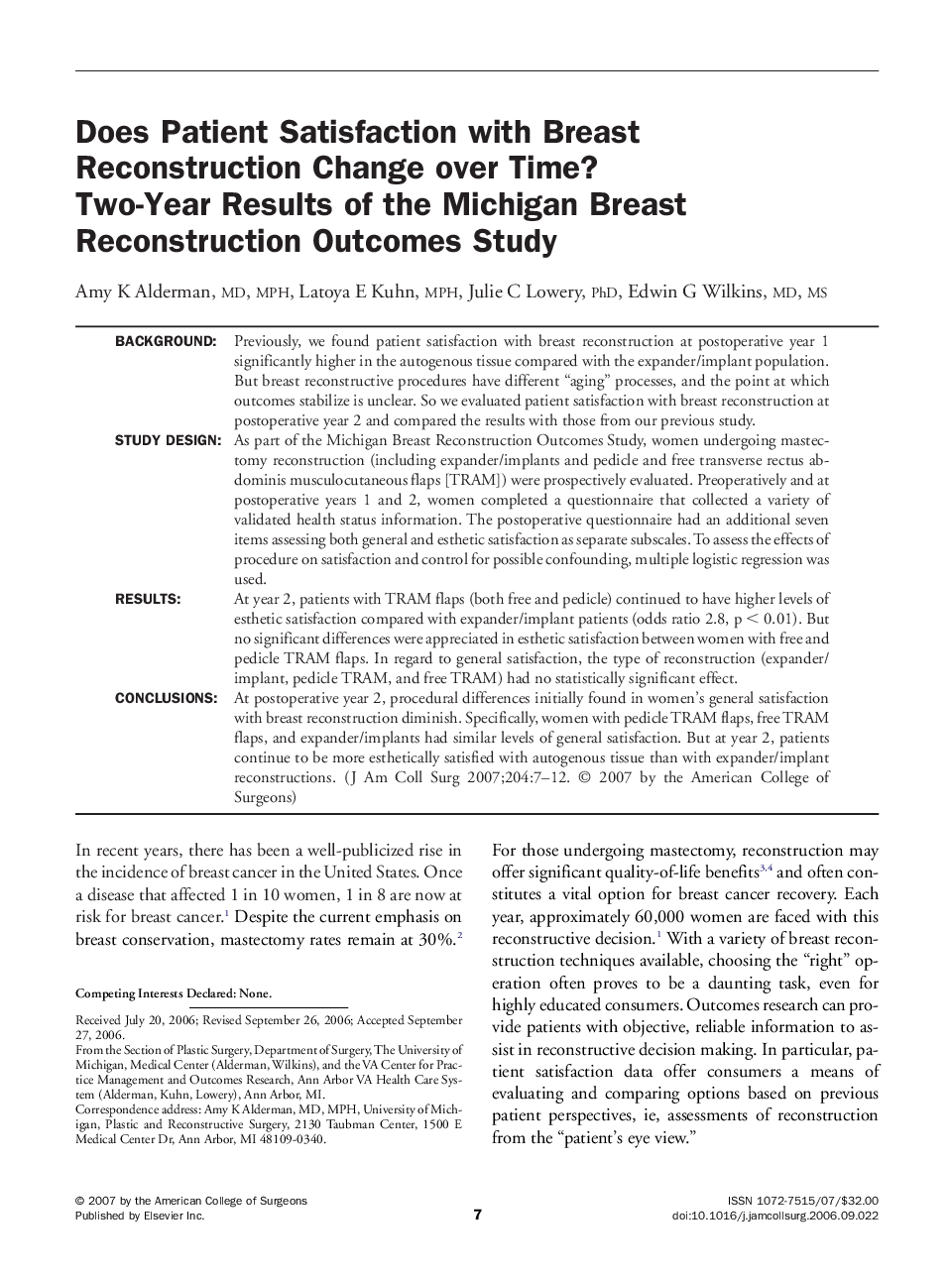 Does Patient Satisfaction with Breast Reconstruction Change over Time? Two-Year Results of the Michigan Breast Reconstruction Outcomes Study 
