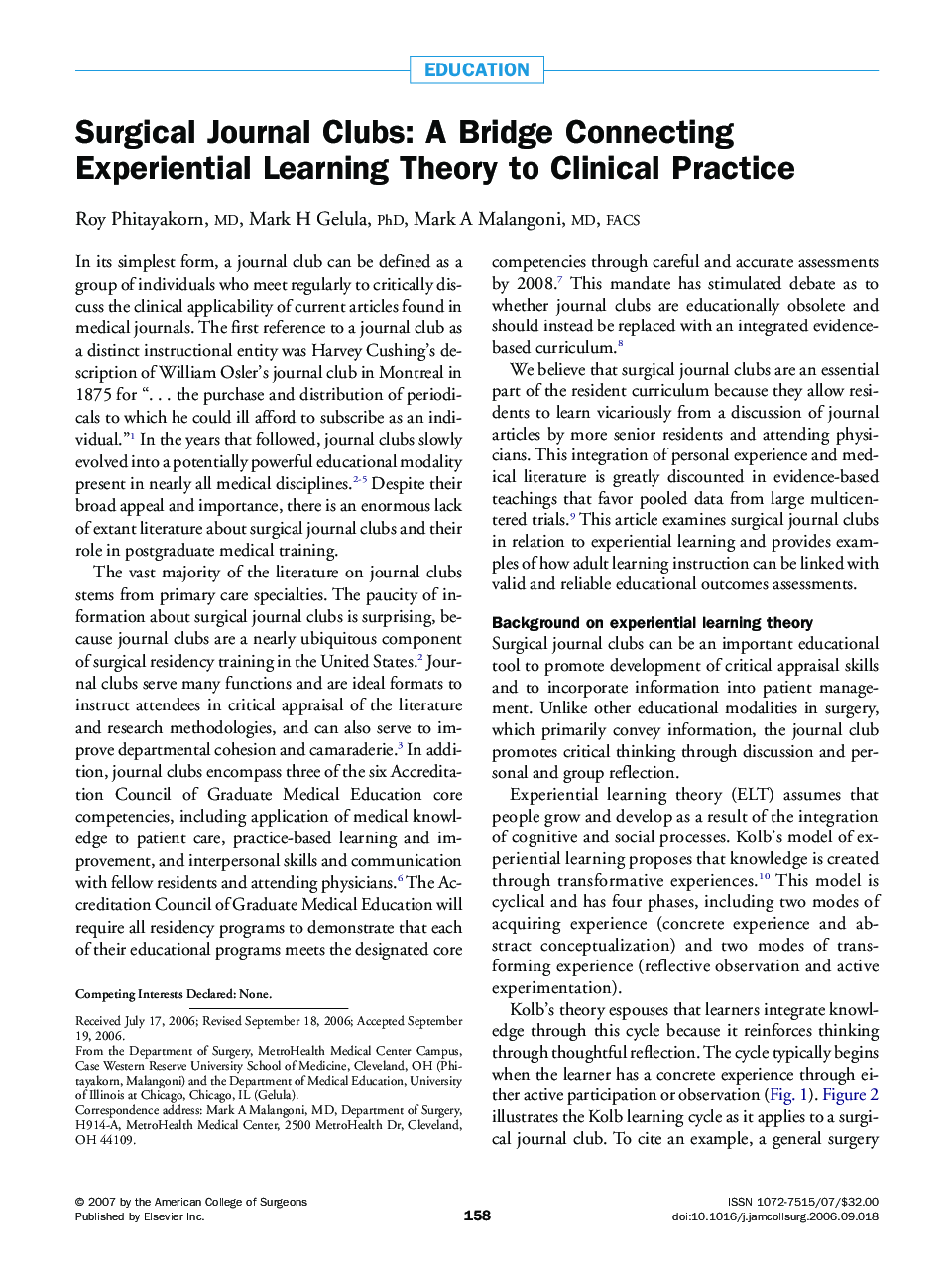Surgical Journal Clubs: A Bridge Connecting Experiential Learning Theory to Clinical Practice