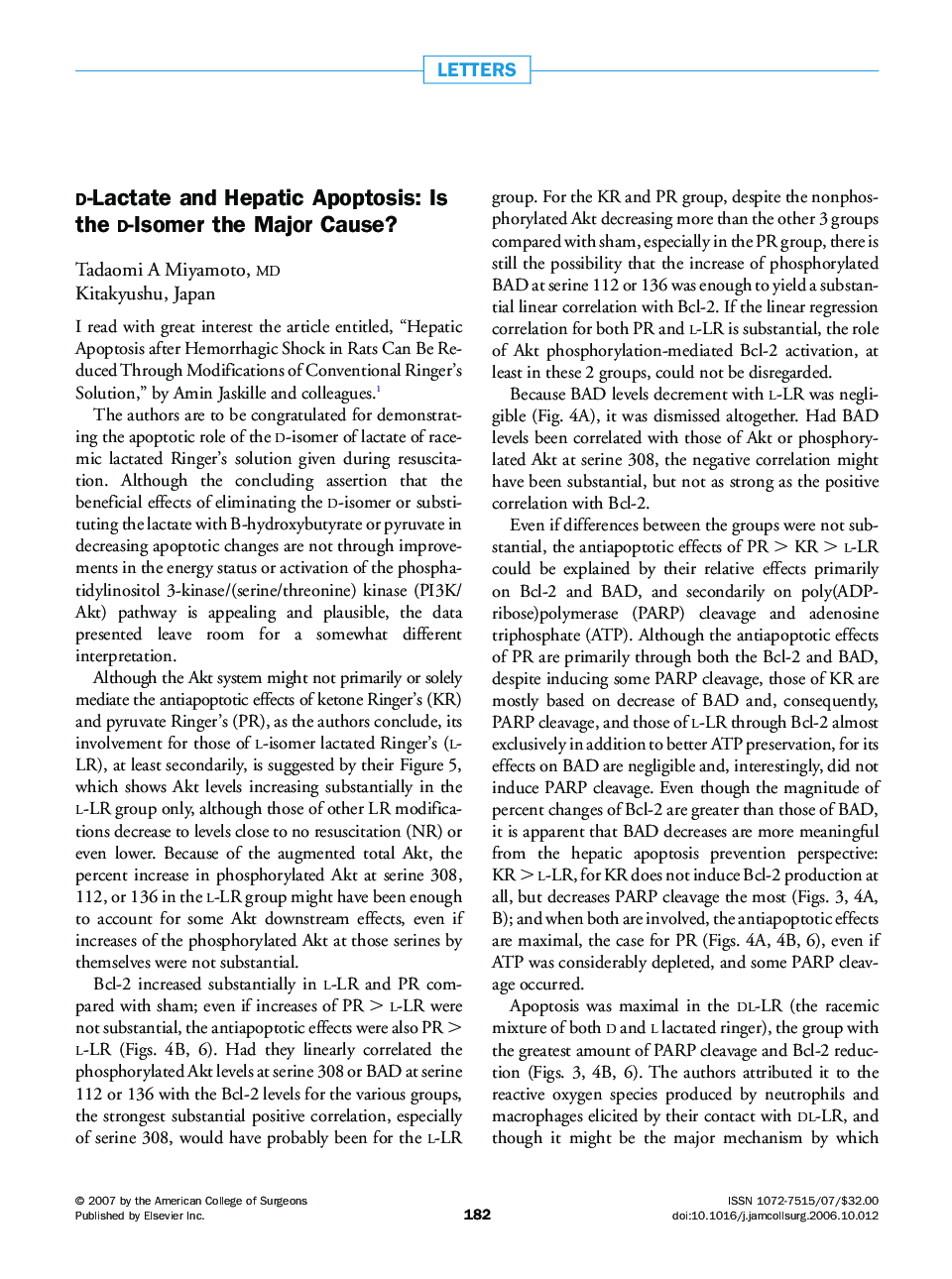 d-Lactate and Hepatic Apoptosis: Is the d-Isomer the Major Cause?
