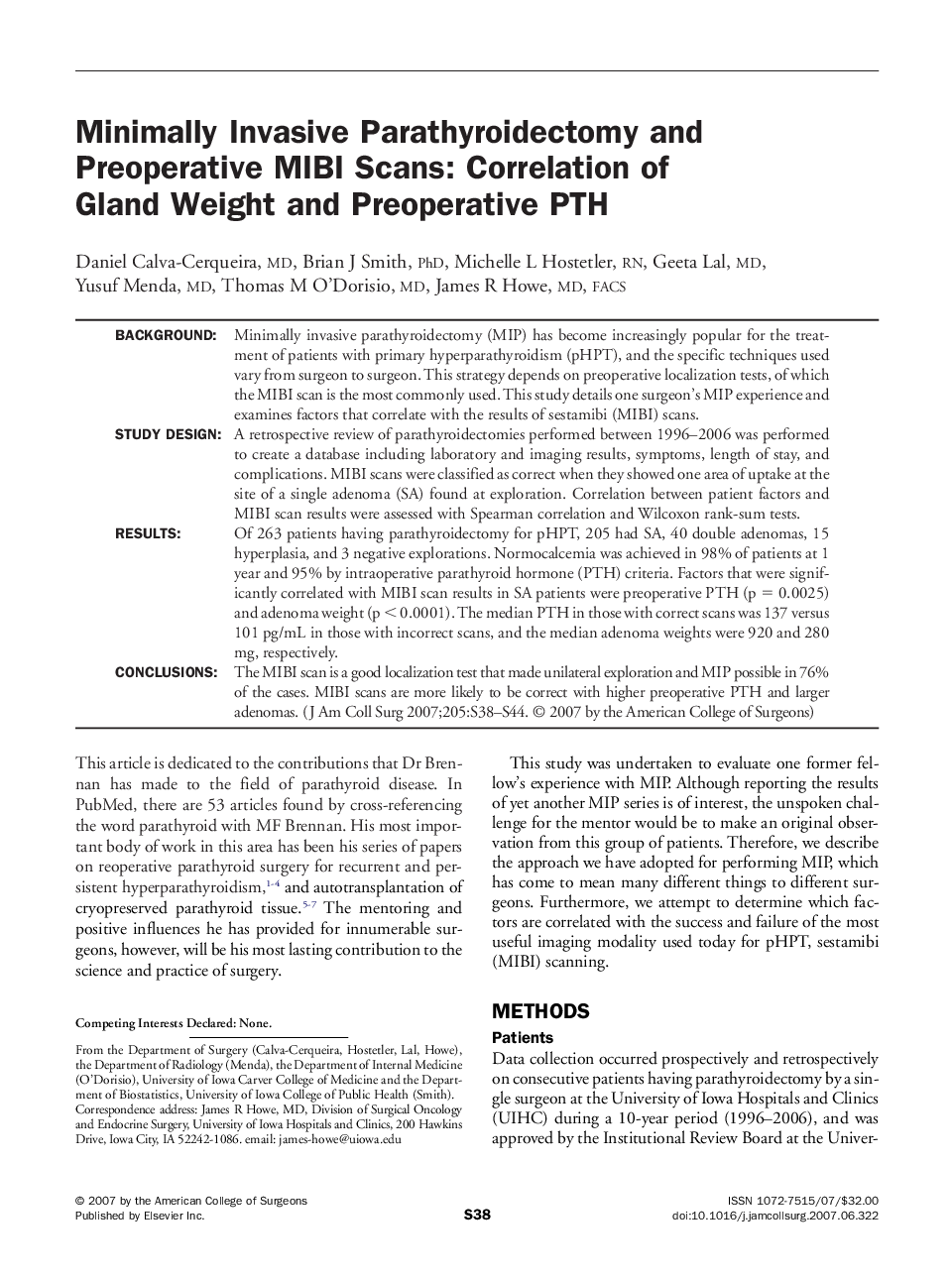 Minimally Invasive Parathyroidectomy and Preoperative MIBI Scans: Correlation of Gland Weight and Preoperative PTH 