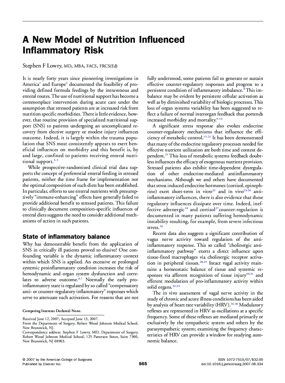A New Model of Nutrition Influenced Inflammatory Risk
