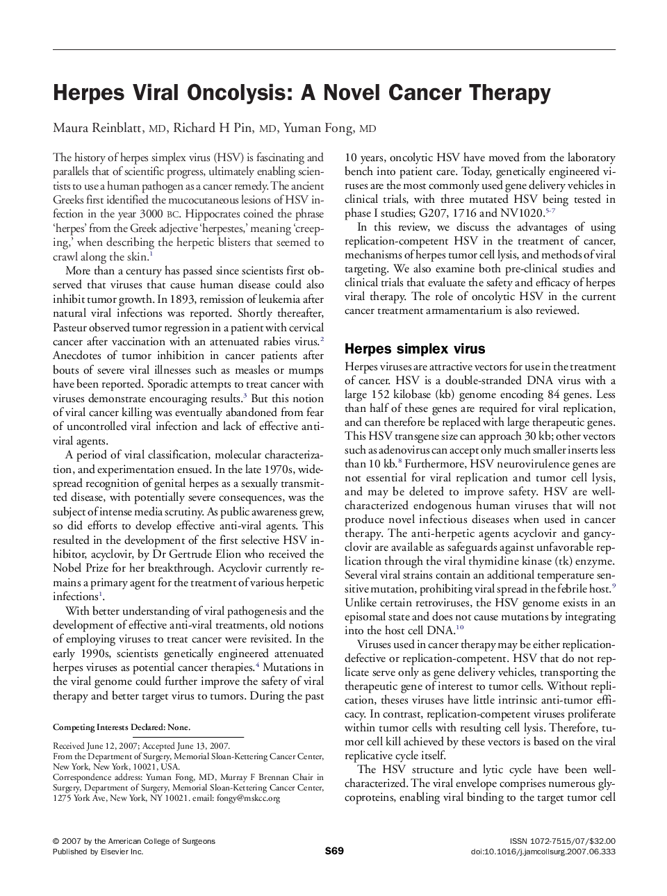 Herpes Viral Oncolysis: A Novel Cancer Therapy