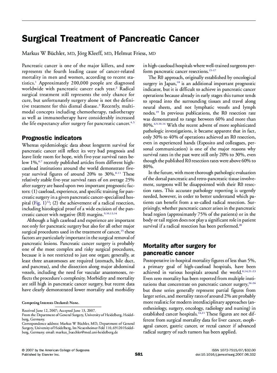 Surgical Treatment of Pancreatic Cancer
