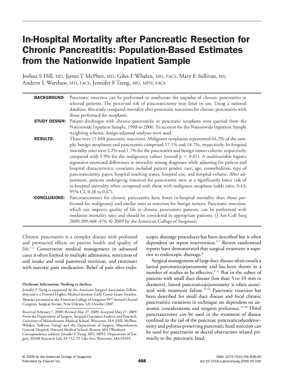In-Hospital Mortality after Pancreatic Resection for Chronic Pancreatitis: Population-Based Estimates from the Nationwide Inpatient Sample 