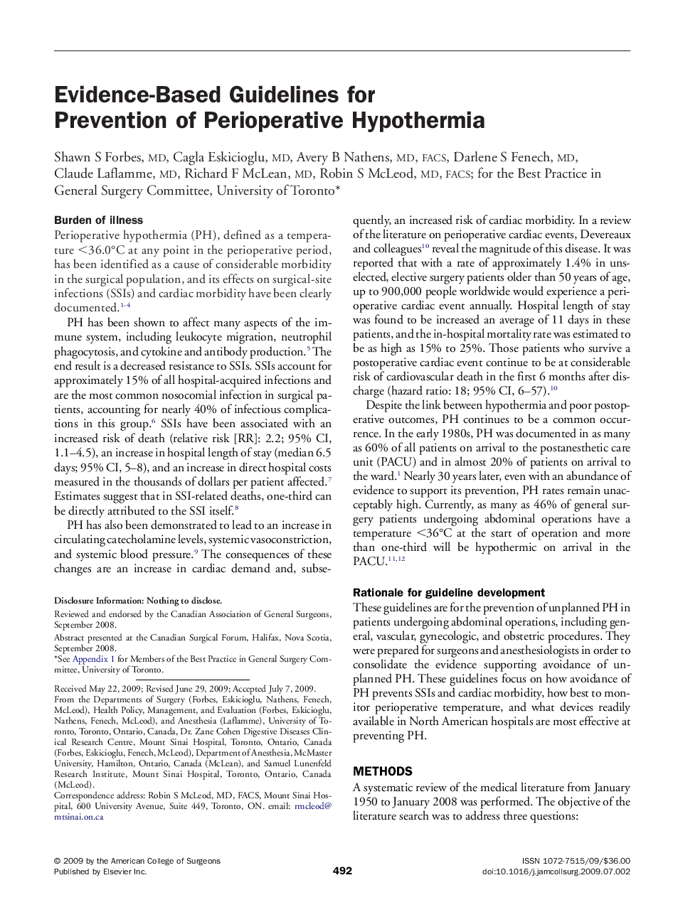 Evidence-Based Guidelines for Prevention of Perioperative Hypothermia