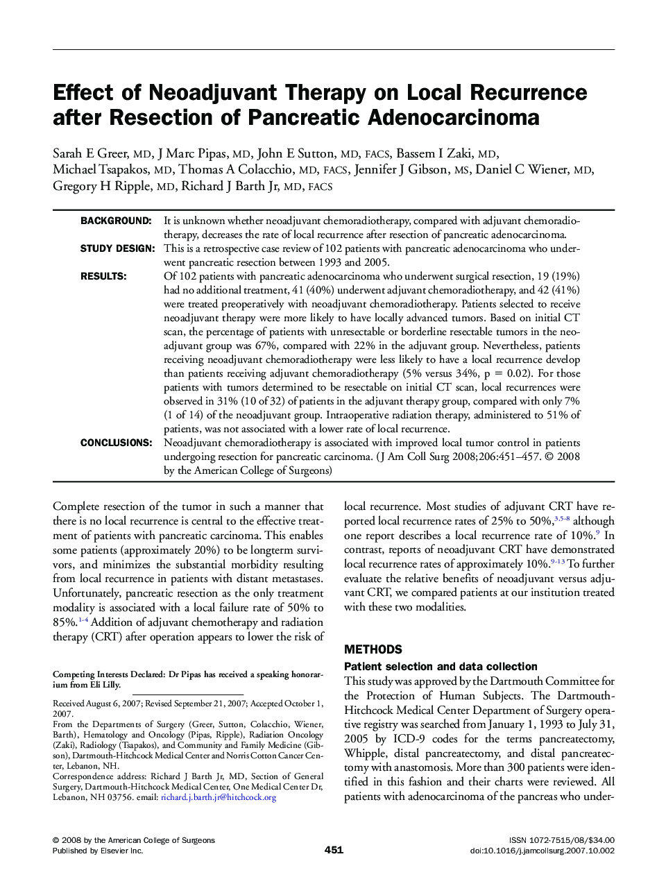 Effect of Neoadjuvant Therapy on Local Recurrence after Resection of Pancreatic Adenocarcinoma 