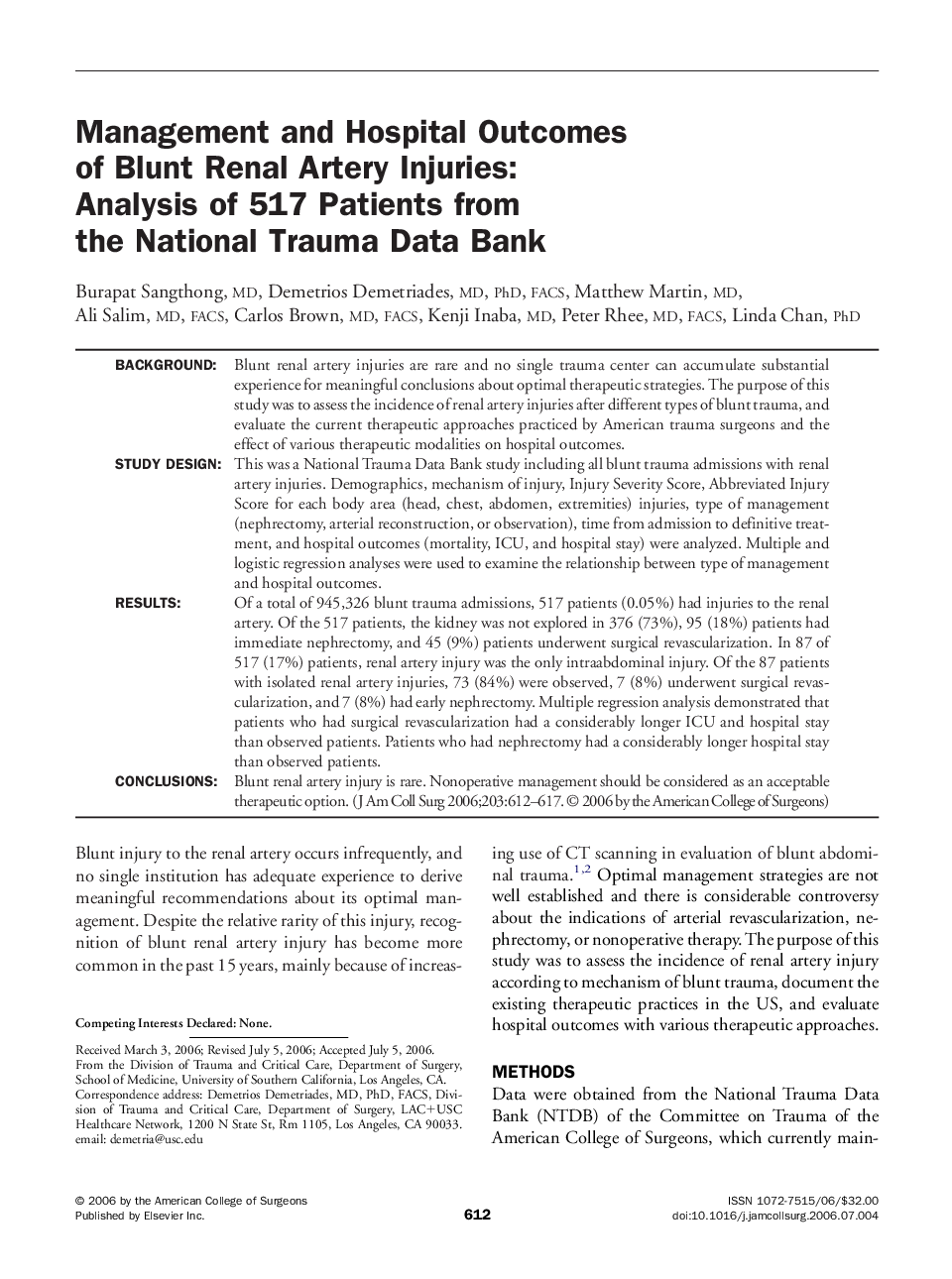 Management and Hospital Outcomes of Blunt Renal Artery Injuries: Analysis of 517 Patients from the National Trauma Data Bank 