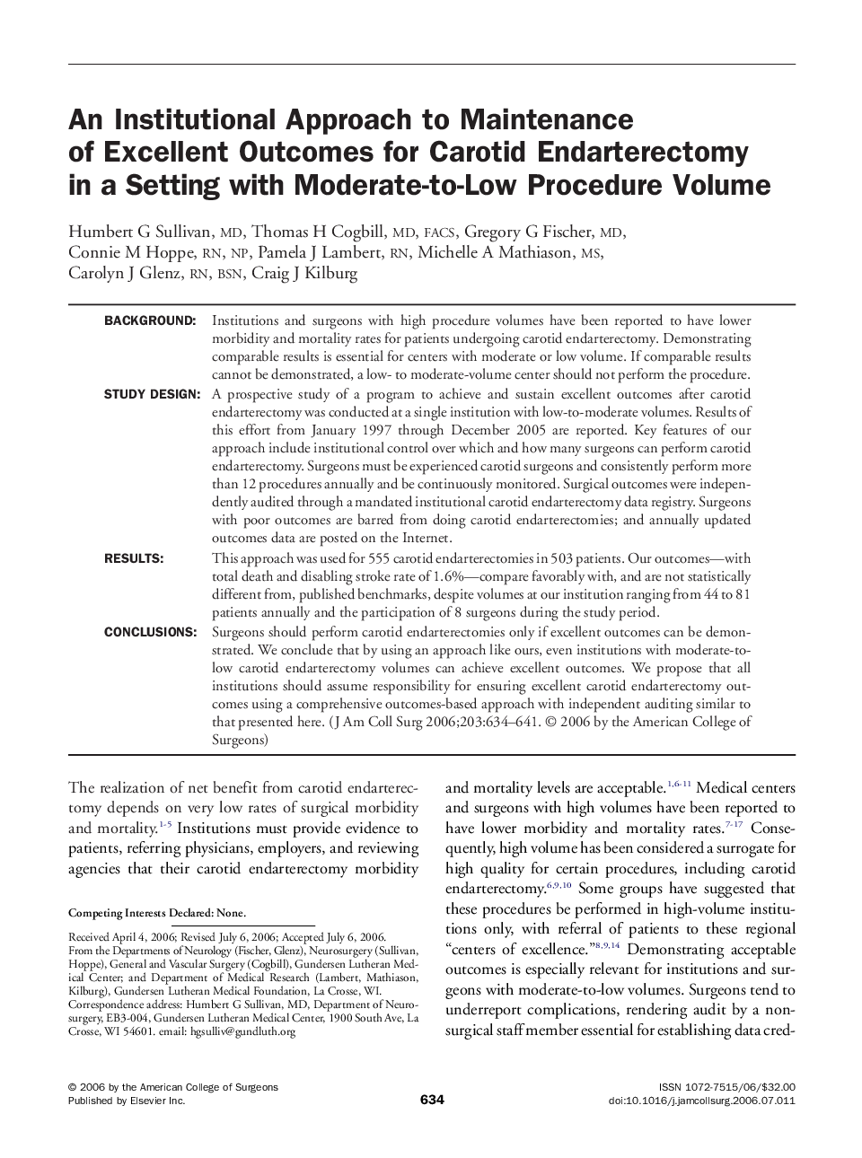 An Institutional Approach to Maintenance of Excellent Outcomes for Carotid Endarterectomy in a Setting with Moderate-to-Low Procedure Volume 