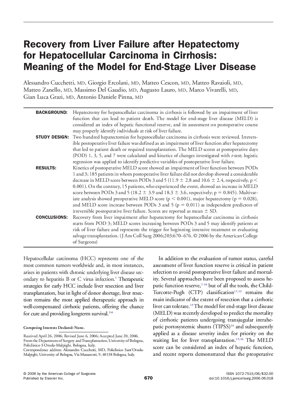 Recovery from Liver Failure after Hepatectomy for Hepatocellular Carcinoma in Cirrhosis: Meaning of the Model for End-Stage Liver Disease 