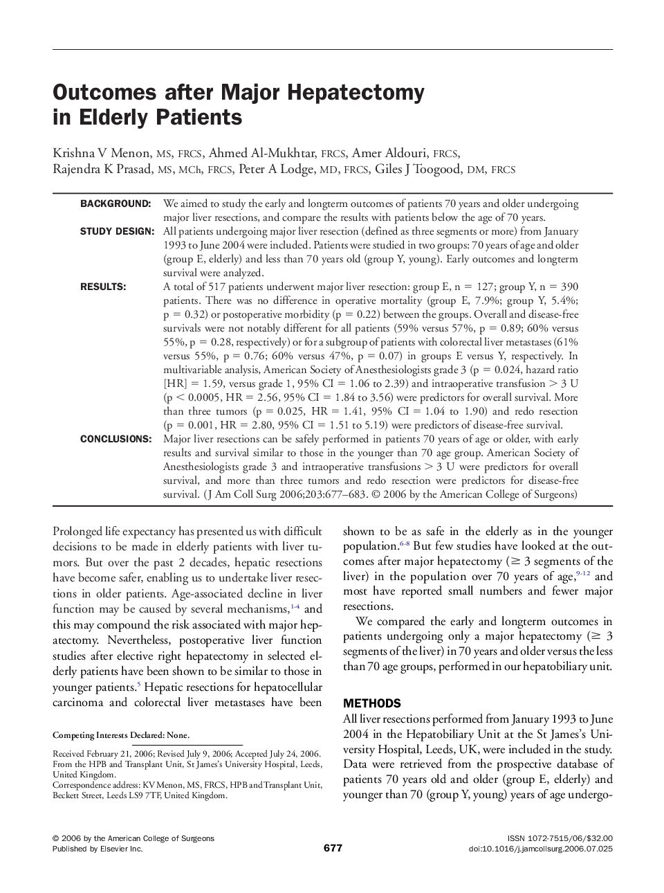 Outcomes after Major Hepatectomy in Elderly Patients 