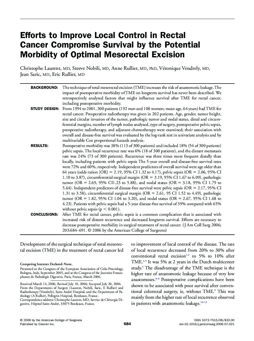 Efforts to Improve Local Control in Rectal Cancer Compromise Survival by the Potential Morbidity of Optimal Mesorectal Excision 