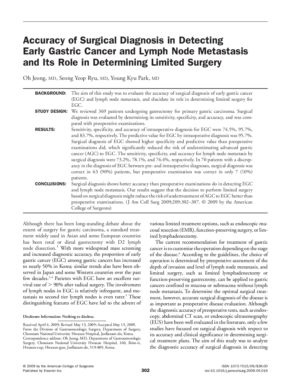 Accuracy of Surgical Diagnosis in Detecting Early Gastric Cancer and Lymph Node Metastasis and Its Role in Determining Limited Surgery 