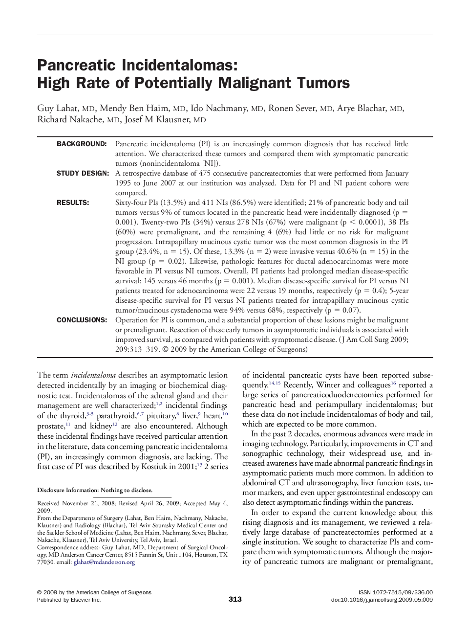 Pancreatic Incidentalomas: High Rate of Potentially Malignant Tumors 