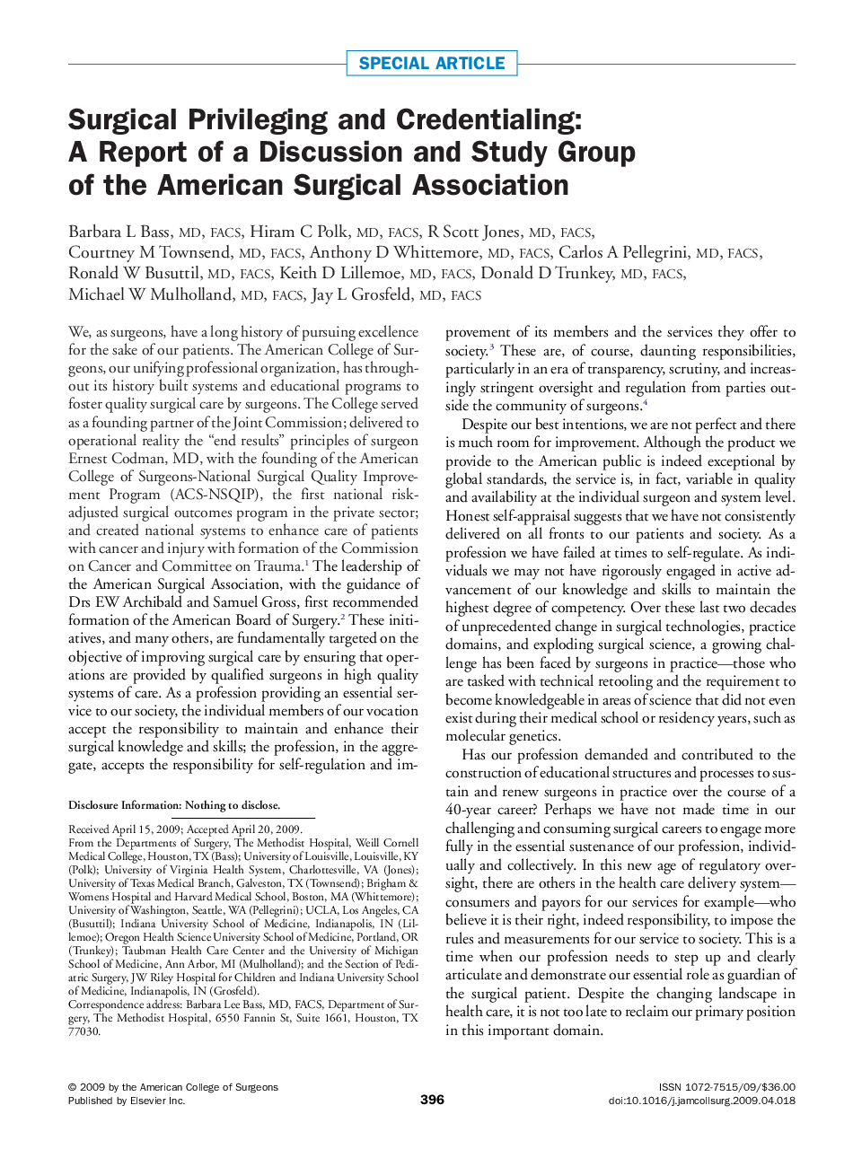 Surgical Privileging and Credentialing: A Report of a Discussion and Study Group of the American Surgical Association