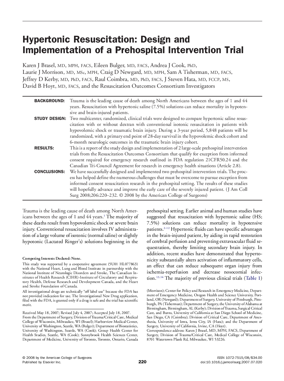 Hypertonic Resuscitation: Design and Implementation of a Prehospital Intervention Trial 