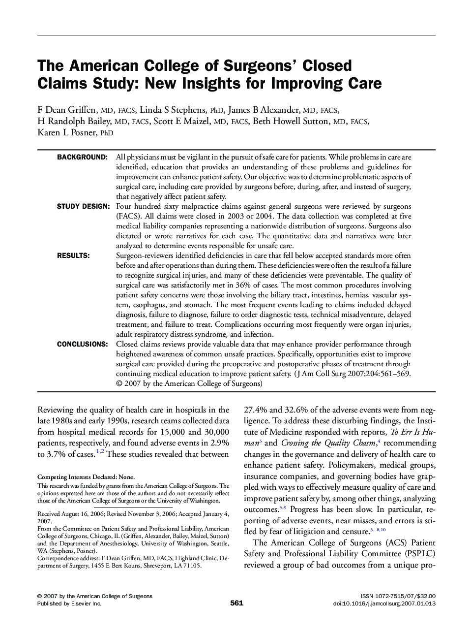 The American College of Surgeons’ Closed Claims Study: New Insights for Improving Care 