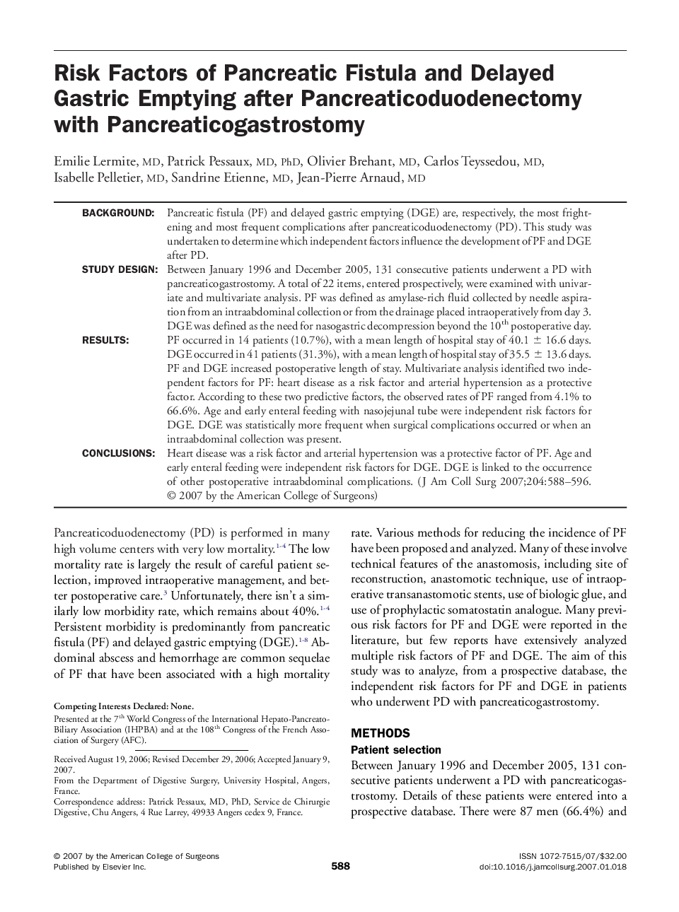 Risk Factors of Pancreatic Fistula and Delayed Gastric Emptying after Pancreaticoduodenectomy with Pancreaticogastrostomy 