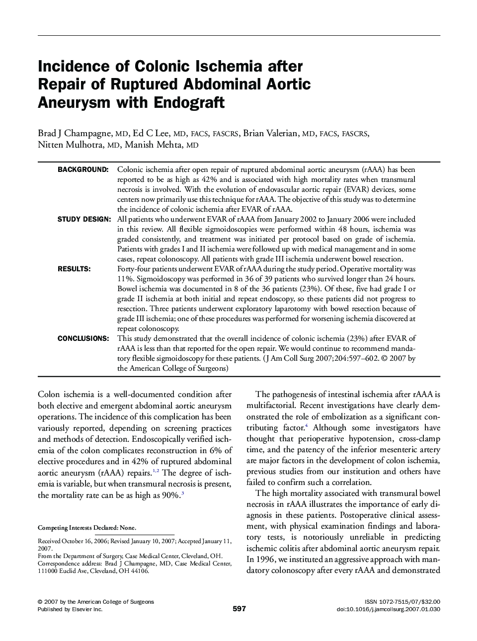 Incidence of Colonic Ischemia after Repair of Ruptured Abdominal Aortic Aneurysm with Endograft 