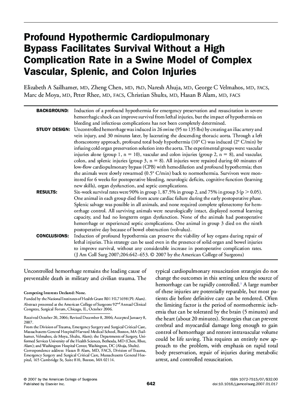 Profound Hypothermic Cardiopulmonary Bypass Facilitates Survival Without a High Complication Rate in a Swine Model of Complex Vascular, Splenic, and Colon Injuries 