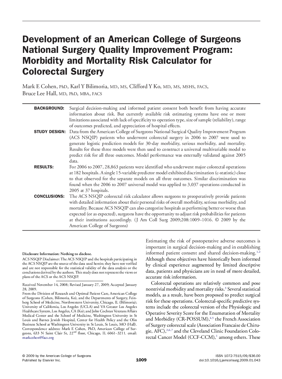 Development of an American College of Surgeons National Surgery Quality Improvement Program: Morbidity and Mortality Risk Calculator for Colorectal Surgery 