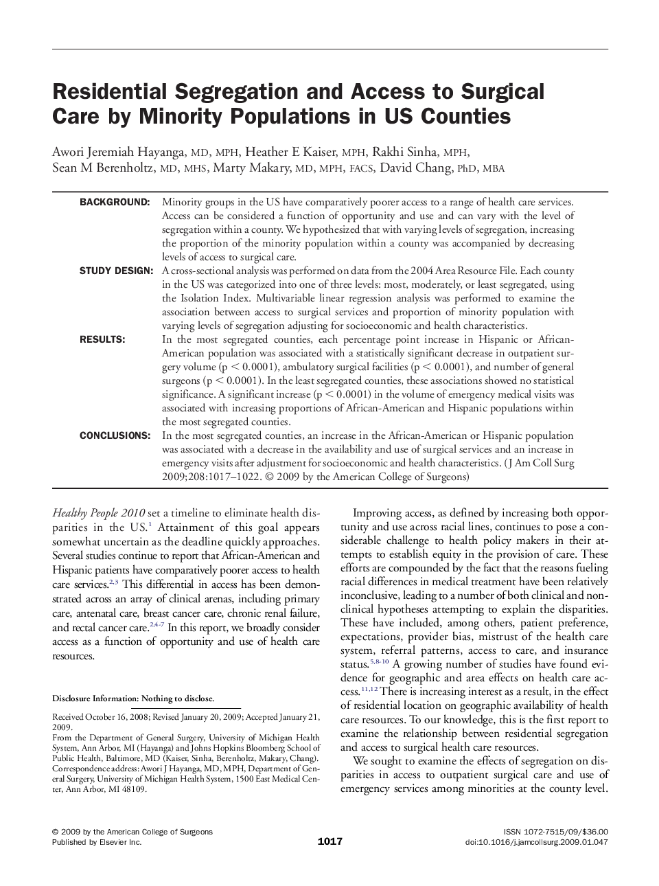 Residential Segregation and Access to Surgical Care by Minority Populations in US Counties 