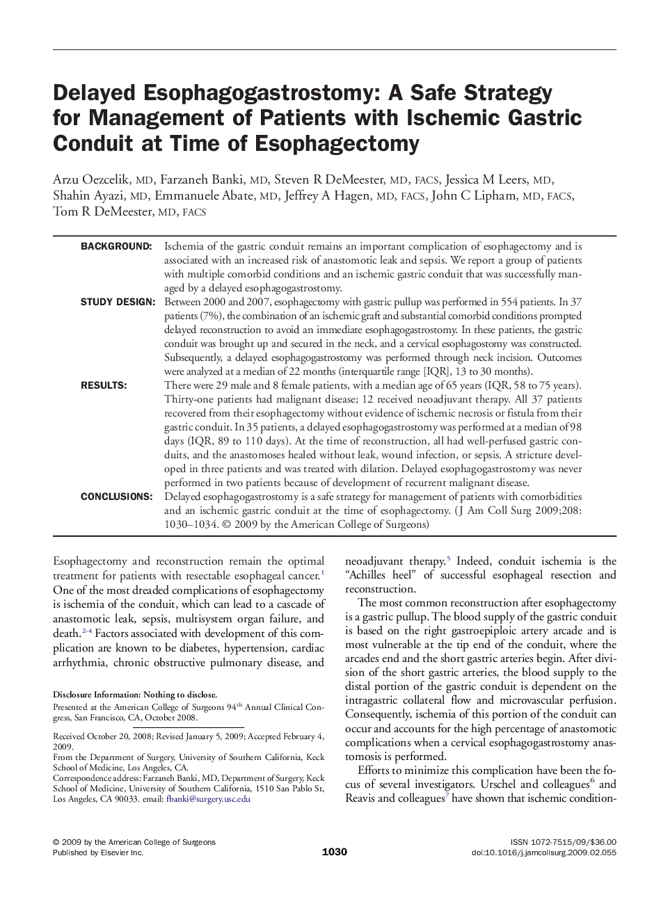 Delayed Esophagogastrostomy: A Safe Strategy for Management of Patients with Ischemic Gastric Conduit at Time of Esophagectomy 