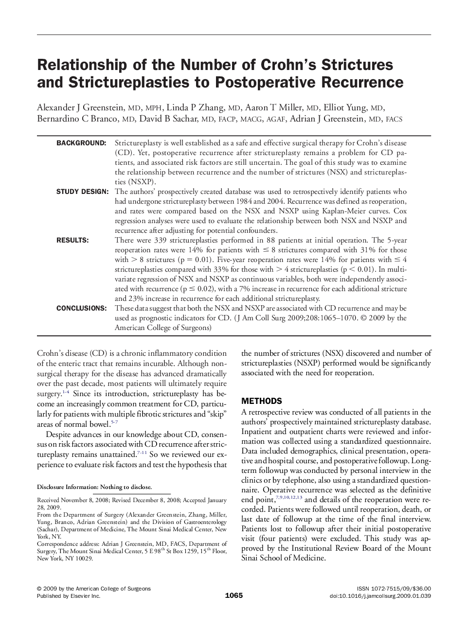 Relationship of the Number of Crohn's Strictures and Strictureplasties to Postoperative Recurrence 