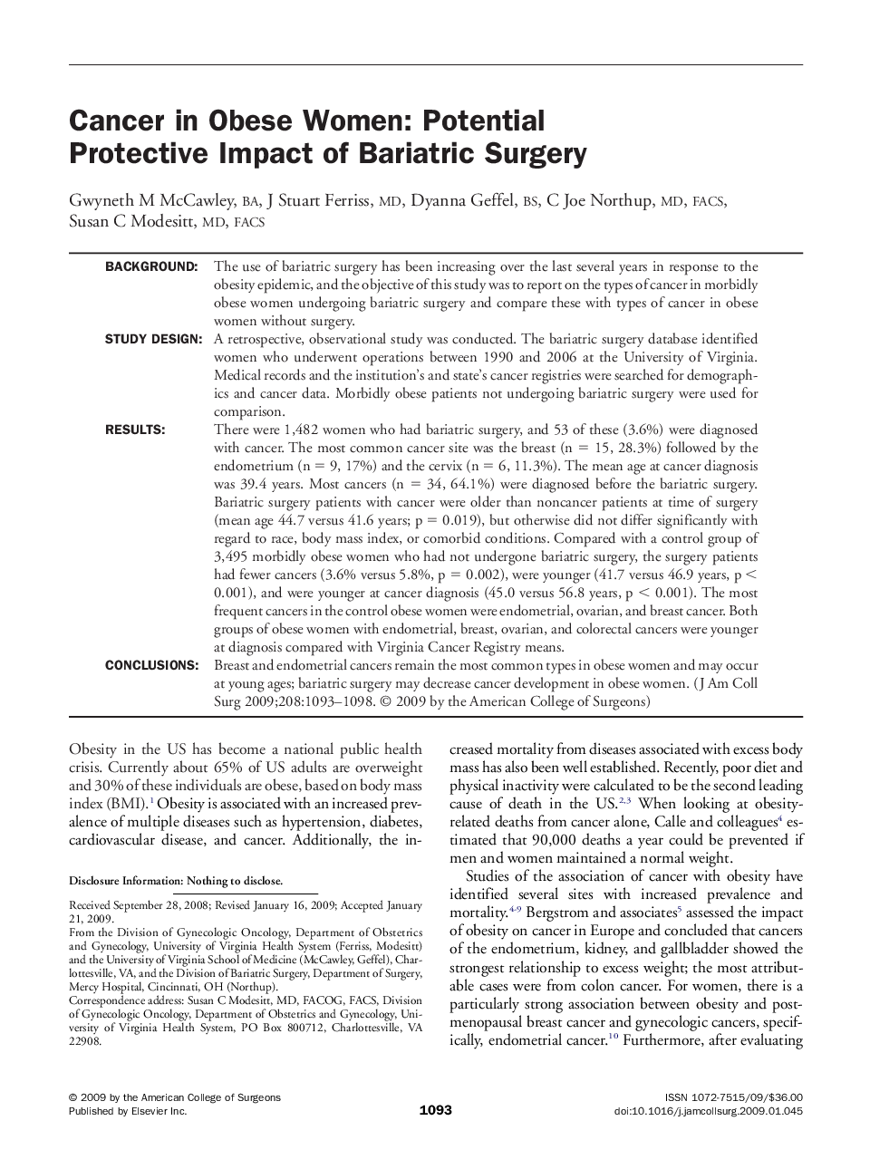 Cancer in Obese Women: Potential Protective Impact of Bariatric Surgery 