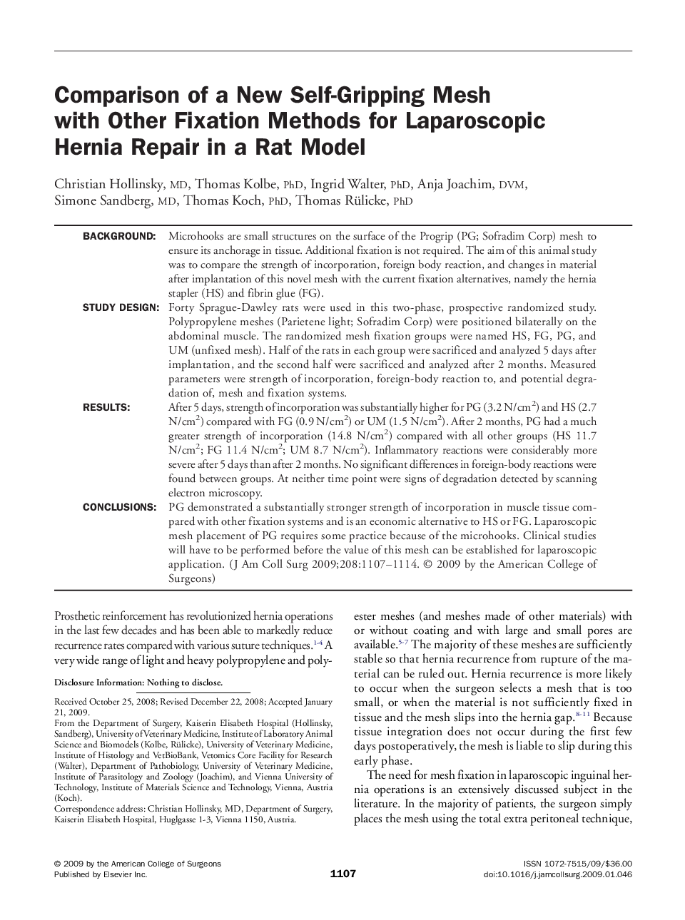 Comparison of a New Self-Gripping Mesh with Other Fixation Methods for Laparoscopic Hernia Repair in a Rat Model 
