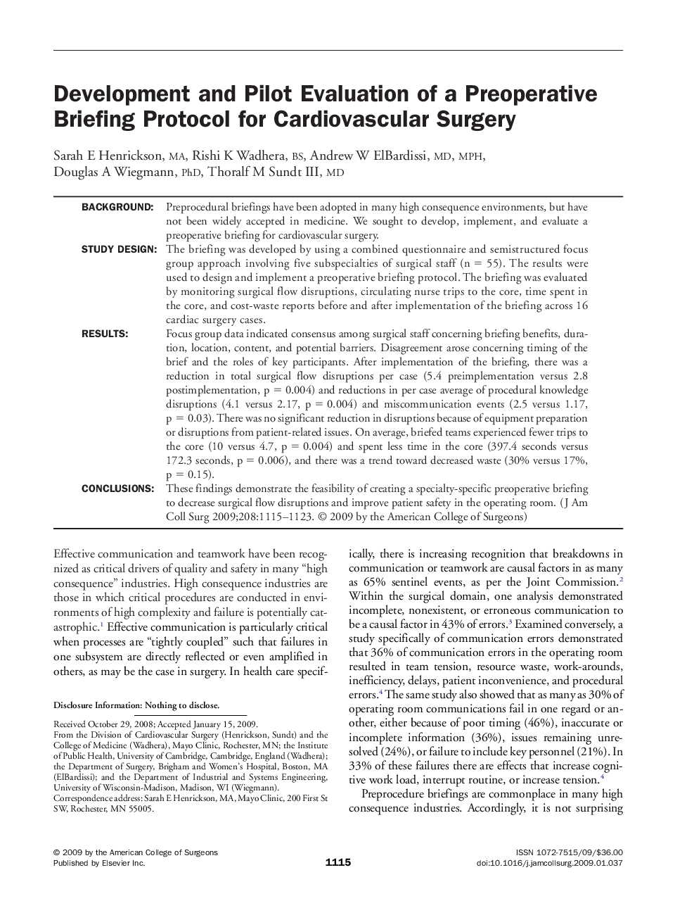 Development and Pilot Evaluation of a Preoperative Briefing Protocol for Cardiovascular Surgery 