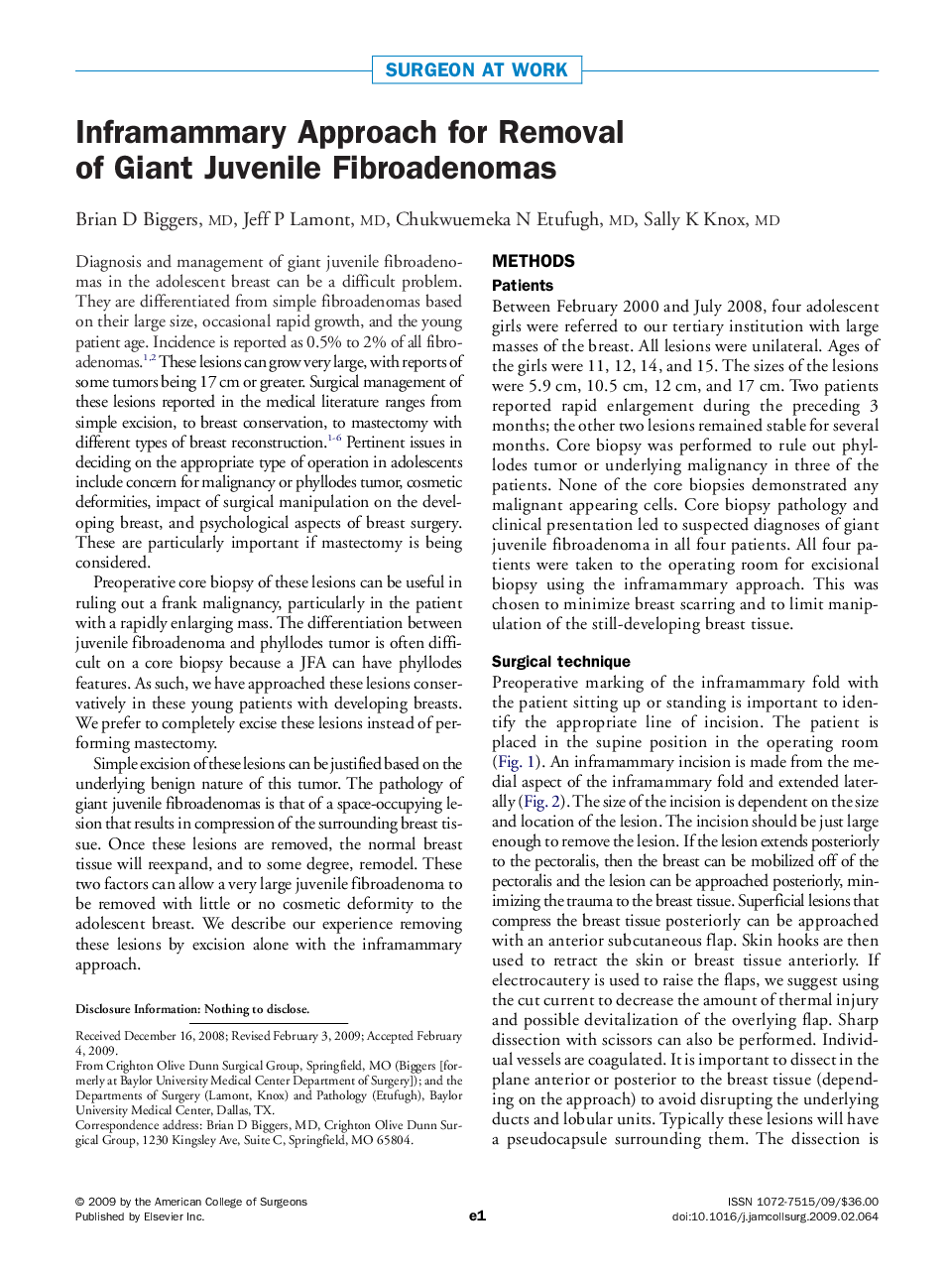 Inframammary Approach for Removal of Giant Juvenile Fibroadenomas
