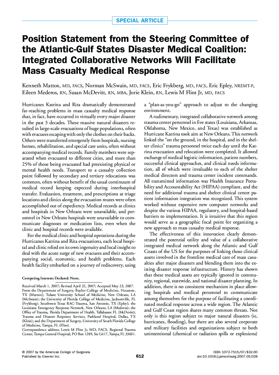 Position Statement from the Steering Committee of the Atlantic-Gulf States Disaster Medical Coalition: Integrated Collaborative Networks Will Facilitate Mass Casualty Medical Response