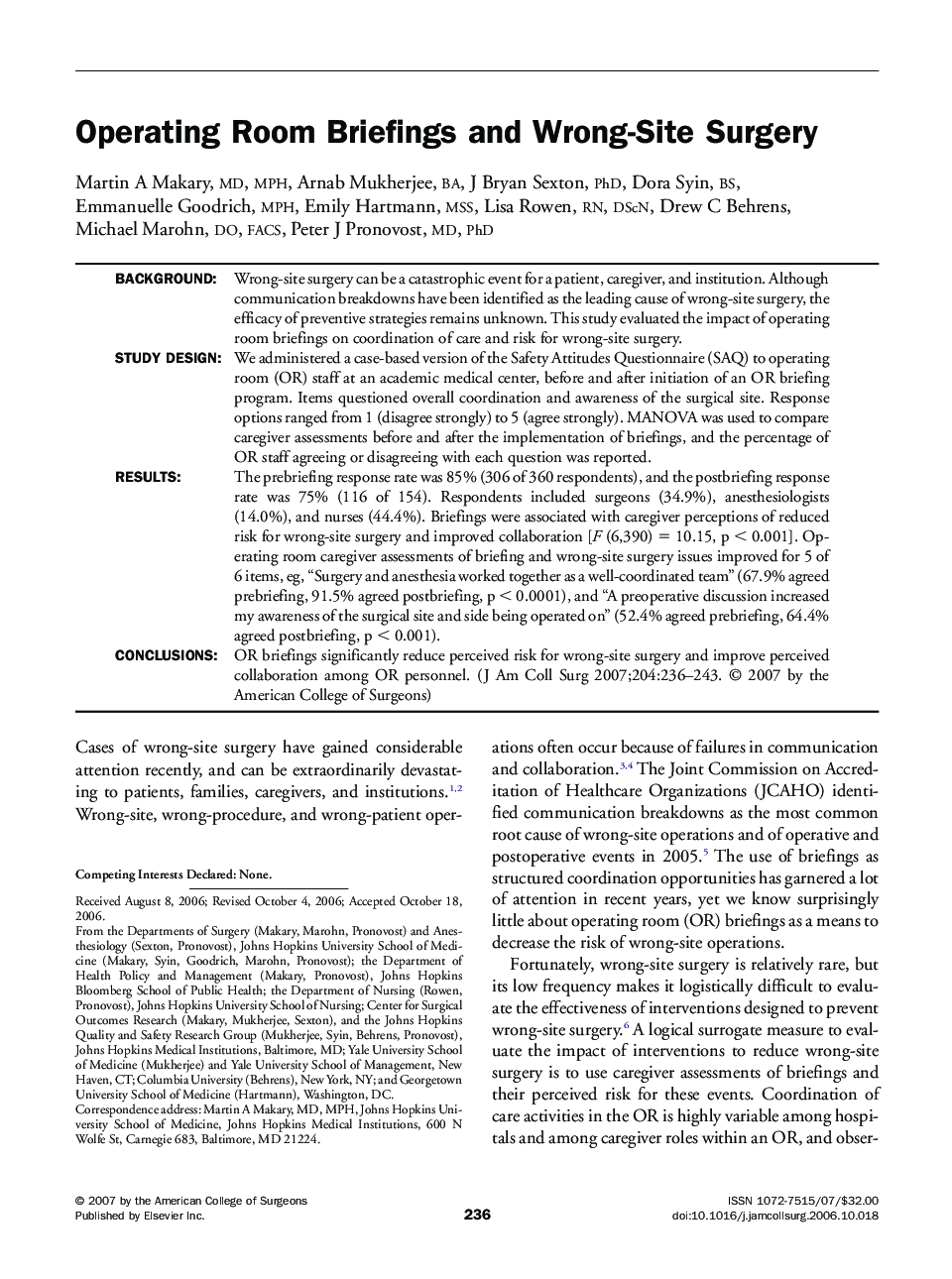 Operating Room Briefings and Wrong-Site Surgery 