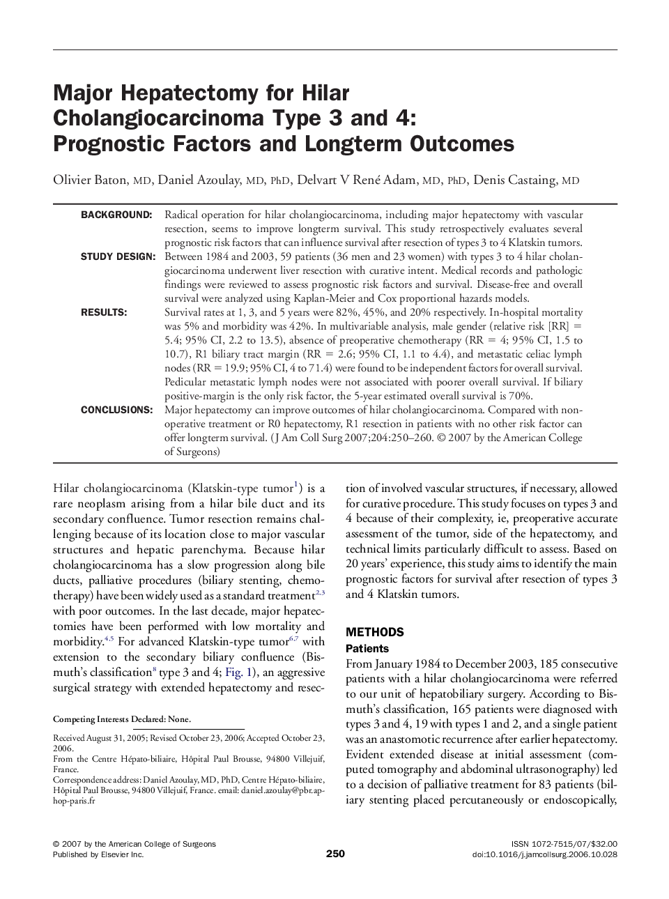Major Hepatectomy for Hilar Cholangiocarcinoma Type 3 and 4: Prognostic Factors and Longterm Outcomes 