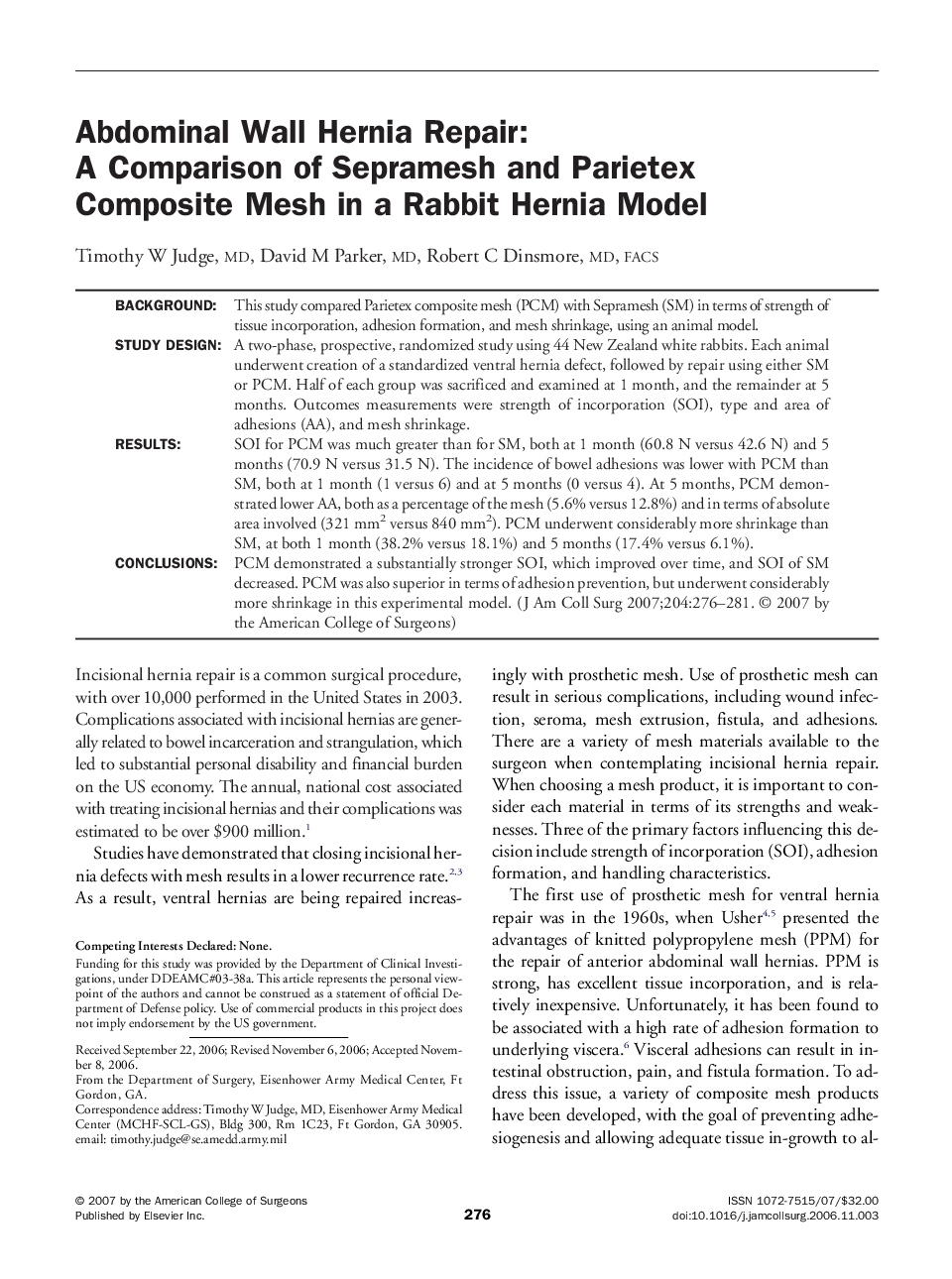 Abdominal Wall Hernia Repair: A Comparison of Sepramesh and Parietex Composite Mesh in a Rabbit Hernia Model 