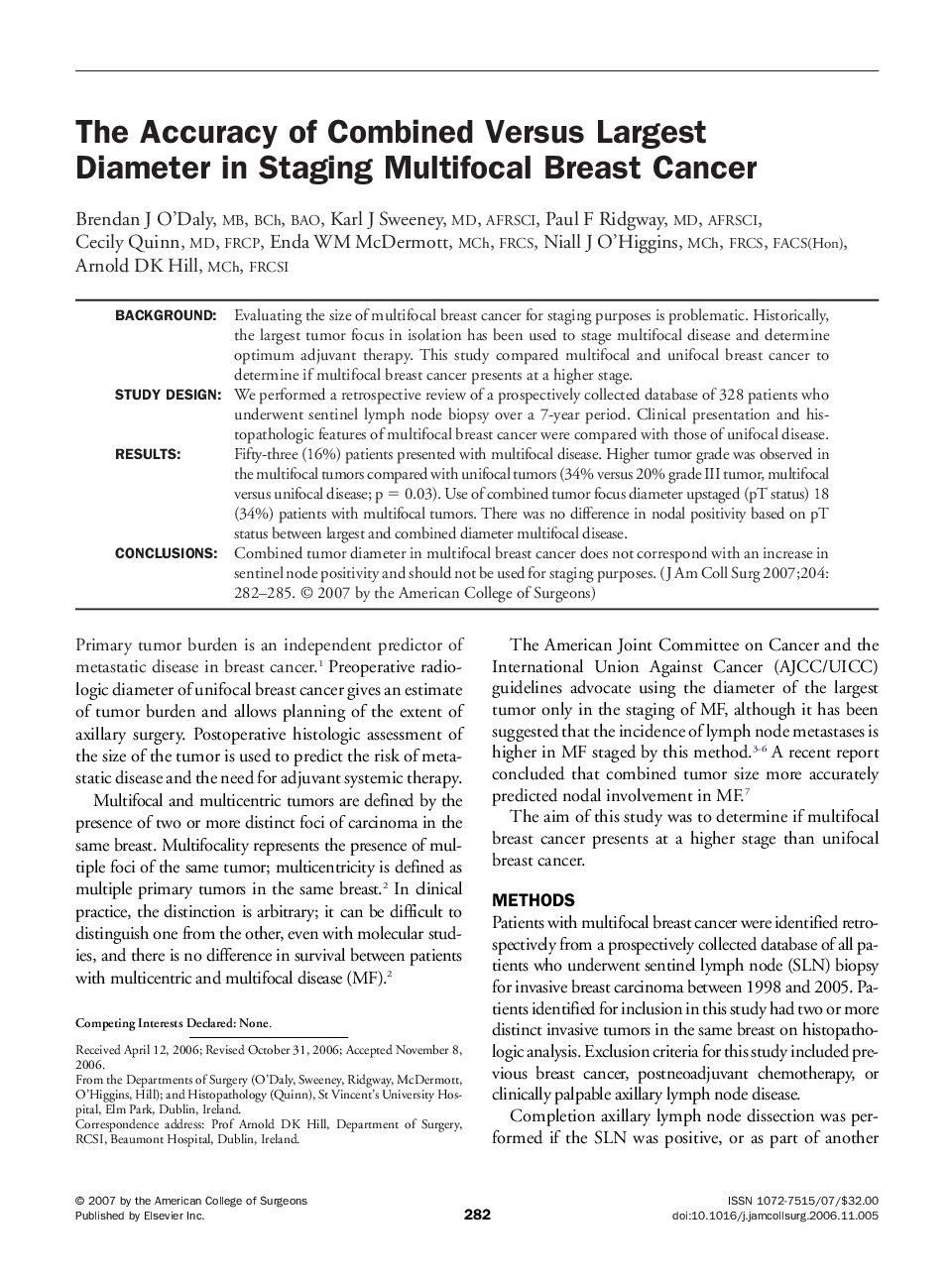 The Accuracy of Combined Versus Largest Diameter in Staging Multifocal Breast Cancer 