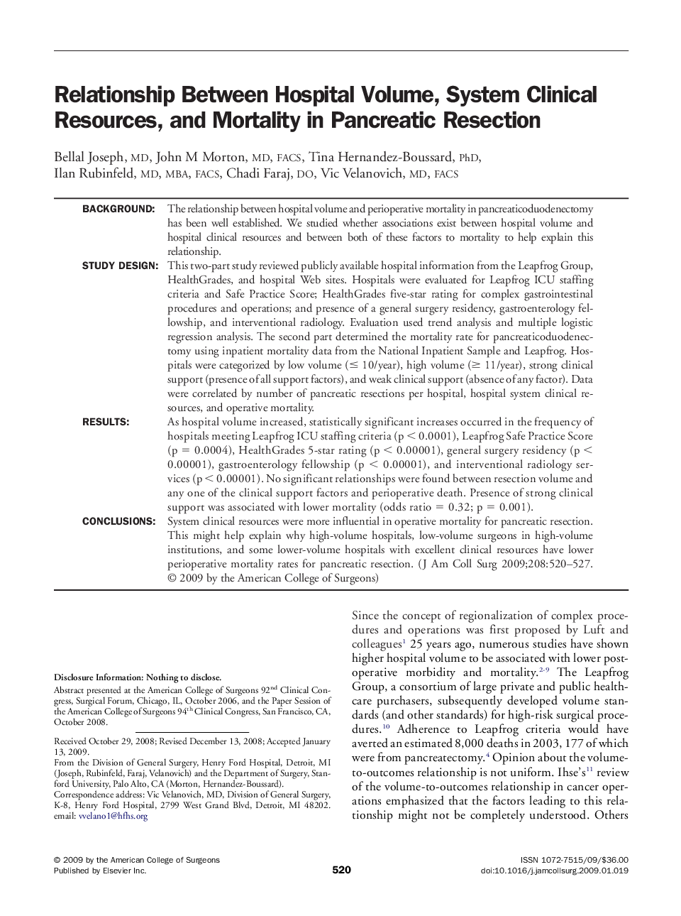 Relationship Between Hospital Volume, System Clinical Resources, and Mortality in Pancreatic Resection 