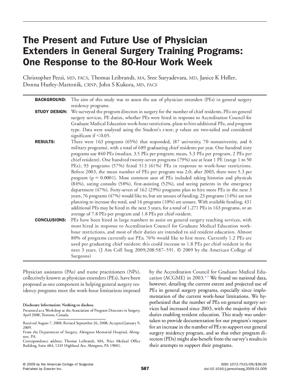 The Present and Future Use of Physician Extenders in General Surgery Training Programs: One Response to the 80-Hour Work Week 