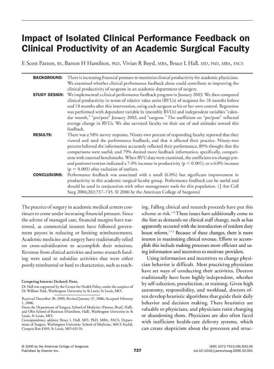 Impact of Isolated Clinical Performance Feedback on Clinical Productivity of an Academic Surgical Faculty 