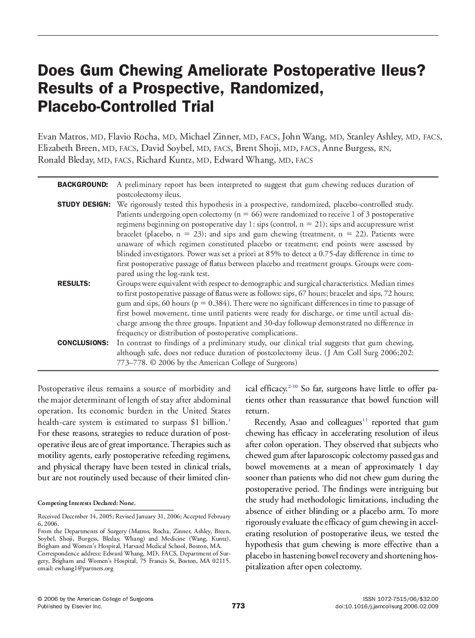 Does Gum Chewing Ameliorate Postoperative Ileus? Results of a Prospective, Randomized, Placebo-Controlled Trial 