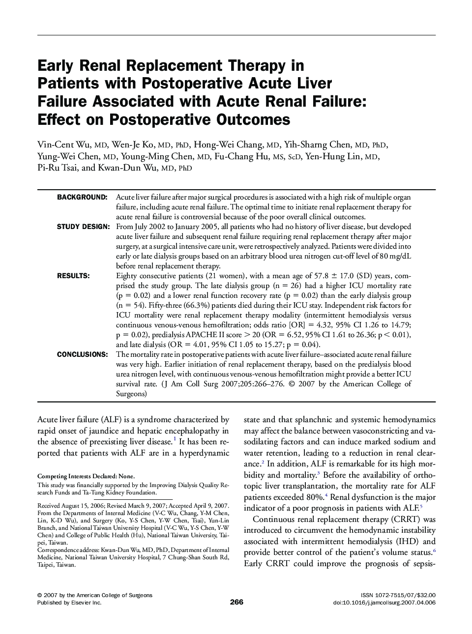 Early Renal Replacement Therapy in Patients with Postoperative Acute Liver Failure Associated with Acute Renal Failure: Effect on Postoperative Outcomes 