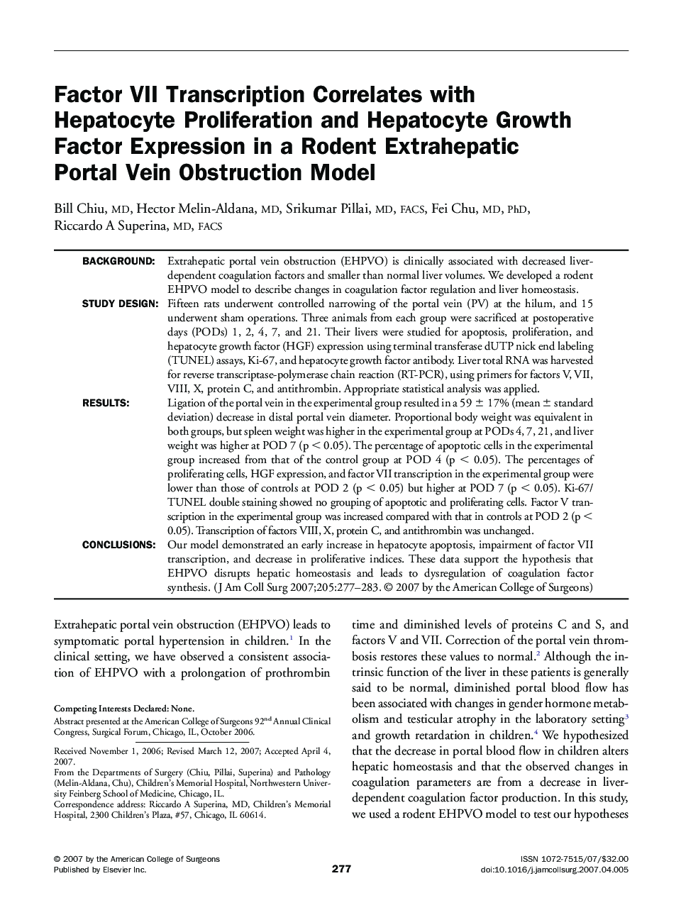 Factor VII Transcription Correlates with Hepatocyte Proliferation and Hepatocyte Growth Factor Expression in a Rodent Extrahepatic Portal Vein Obstruction Model 