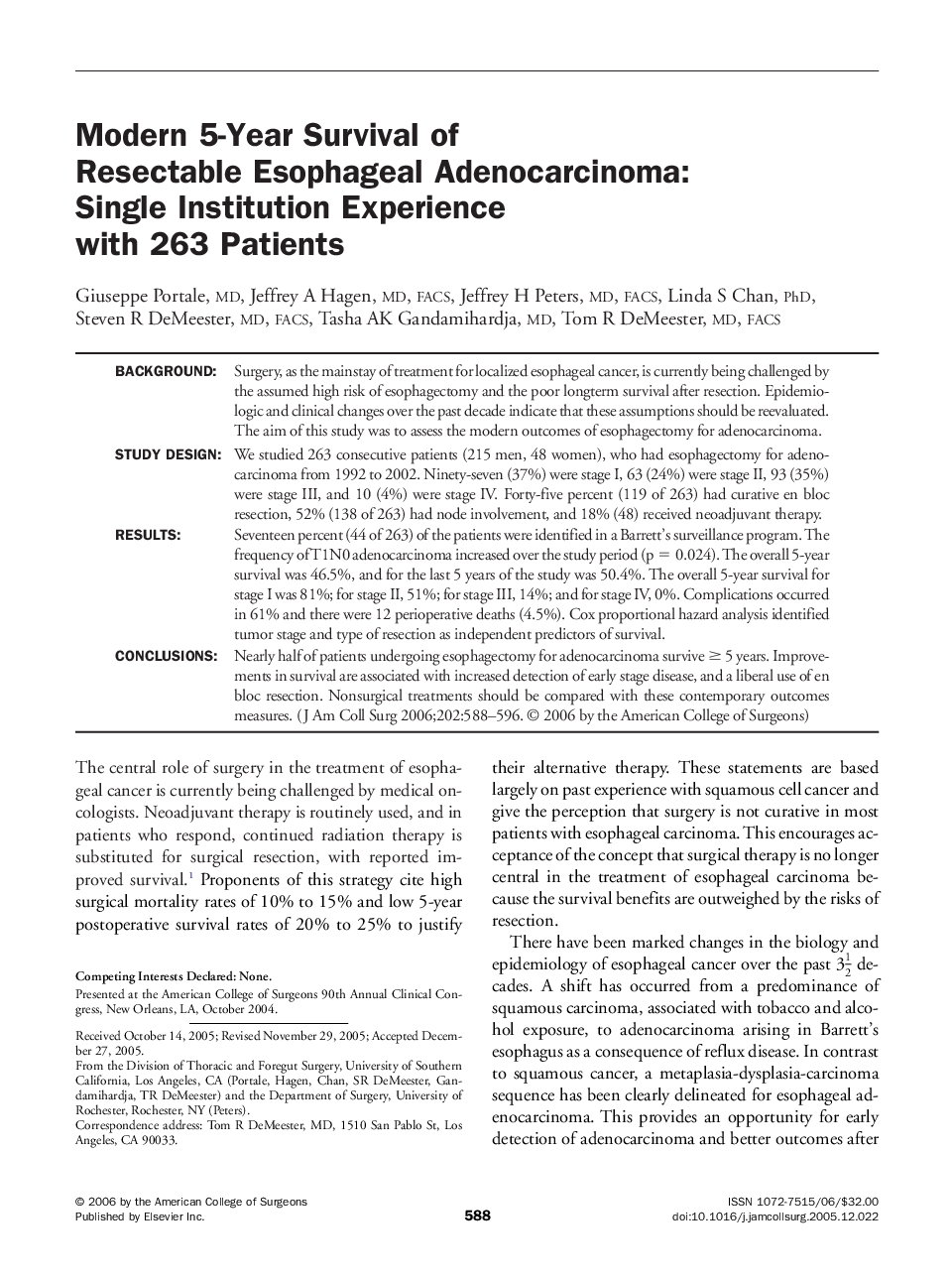 عکس صفحه اول مقاله: Modern 5-Year Survival of Resectable Esophageal Adenocarcinoma: Single Institution Experience with 263 Patients Modern 5-Year Survival of Resectable Esophageal Adenocarcinoma: Single Institution Experience with 263 Patients