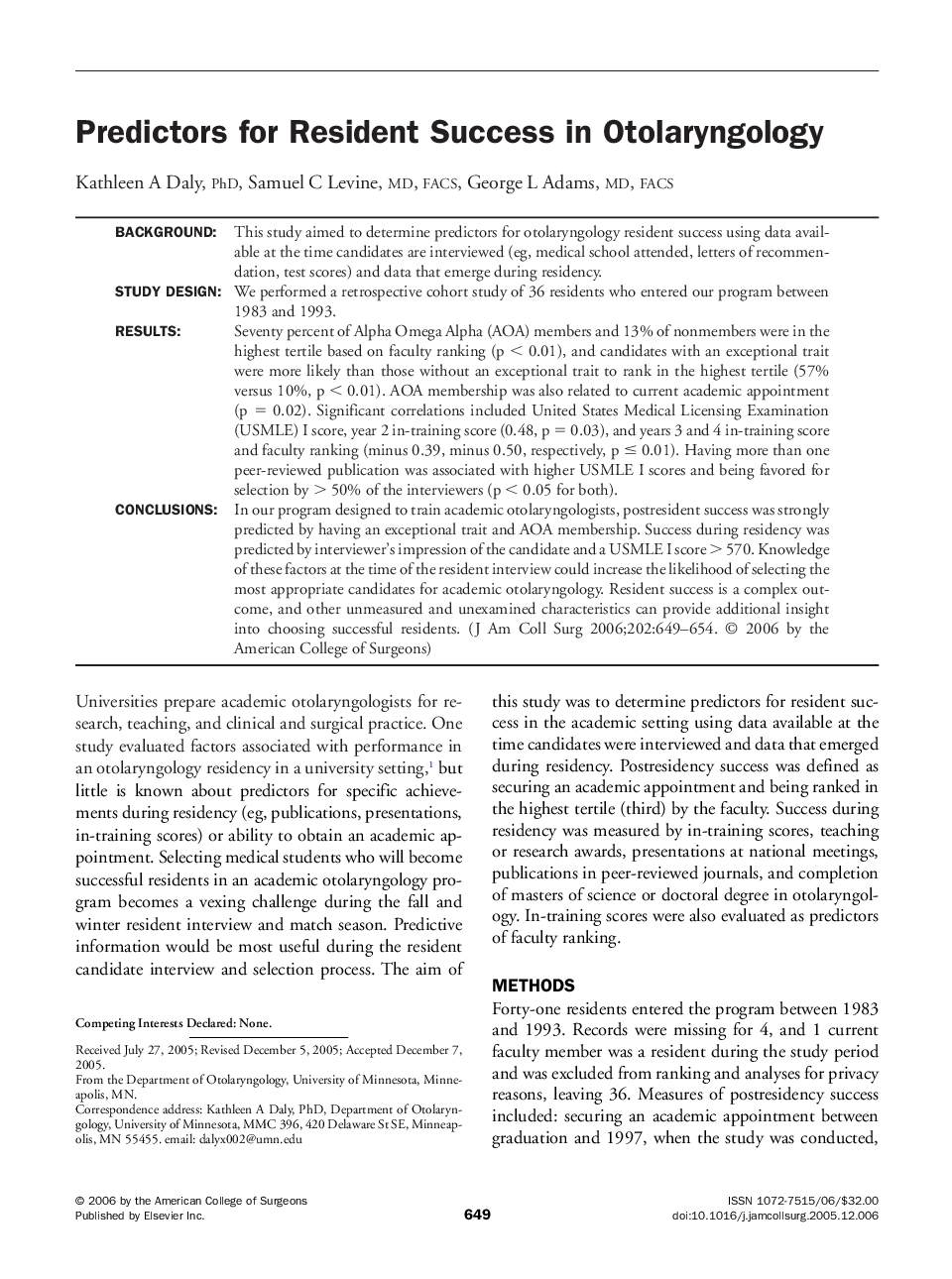 عکس صفحه اول مقاله: Predictors for Resident Success in Otolaryngology Predictors for Resident Success in Otolaryngology