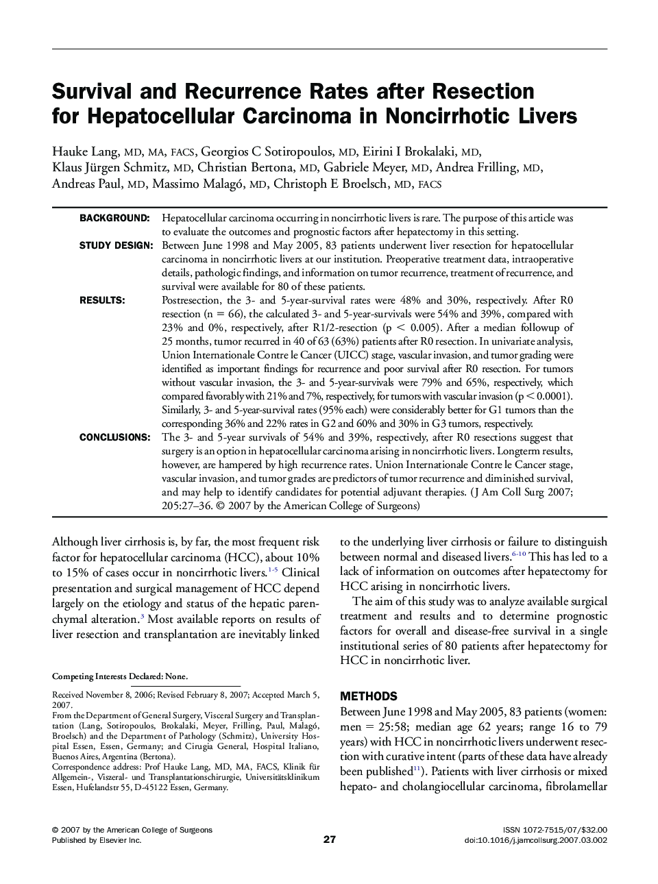 Survival and Recurrence Rates after Resection for Hepatocellular Carcinoma in Noncirrhotic Livers 