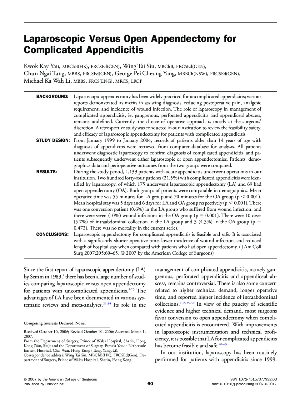 Laparoscopic Versus Open Appendectomy for Complicated Appendicitis 